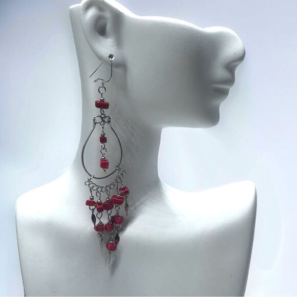 💄RED AGATE💄Handcrafted Vintage Peruvian Chandelier Earrings l 925 hook l EUC - Picture 1 of 11